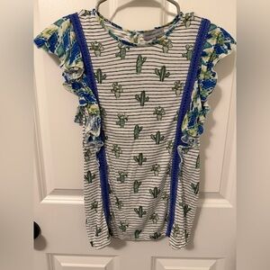 Cactus Print Ruffle Short Sleeve Tee - Blue/Green